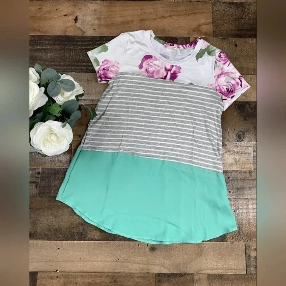 Short Sleeve Floral Print Block Top